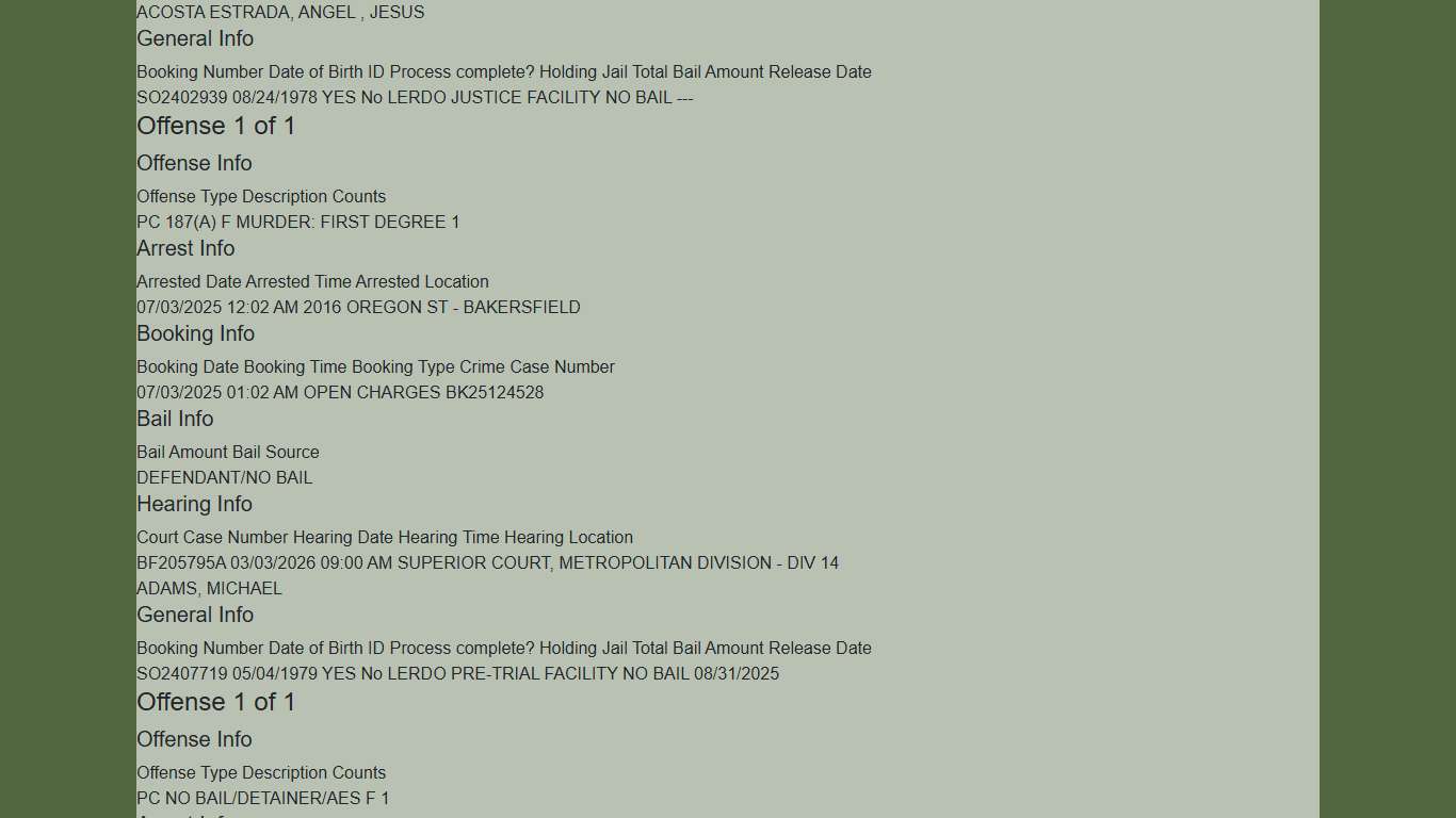 Inmate Information Printable KCSO